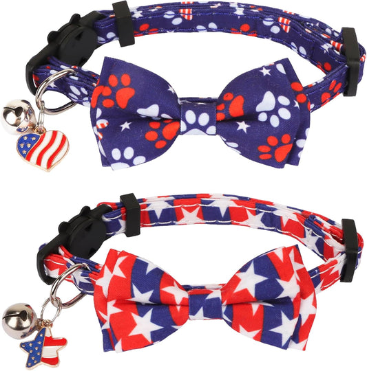 American Flag Cat Collar Breakaway with Bow Tie Bell - 2 Pack 4Th of July Kitten Collar with Removable Bowtie Red Blue American Flag Collars for Cat Kitten