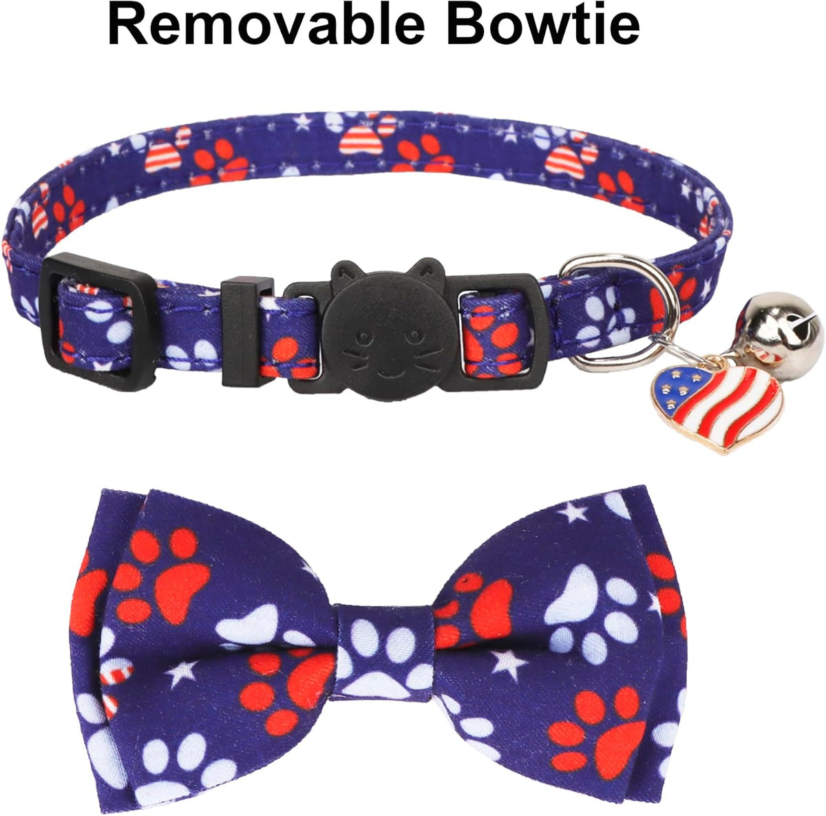 American Flag Cat Collar Breakaway with Bow Tie Bell - 2 Pack 4Th of July Kitten Collar with Removable Bowtie Red Blue American Flag Collars for Cat Kitten