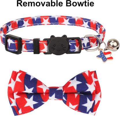 American Flag Cat Collar Breakaway with Bow Tie Bell - 2 Pack 4Th of July Kitten Collar with Removable Bowtie Red Blue American Flag Collars for Cat Kitten